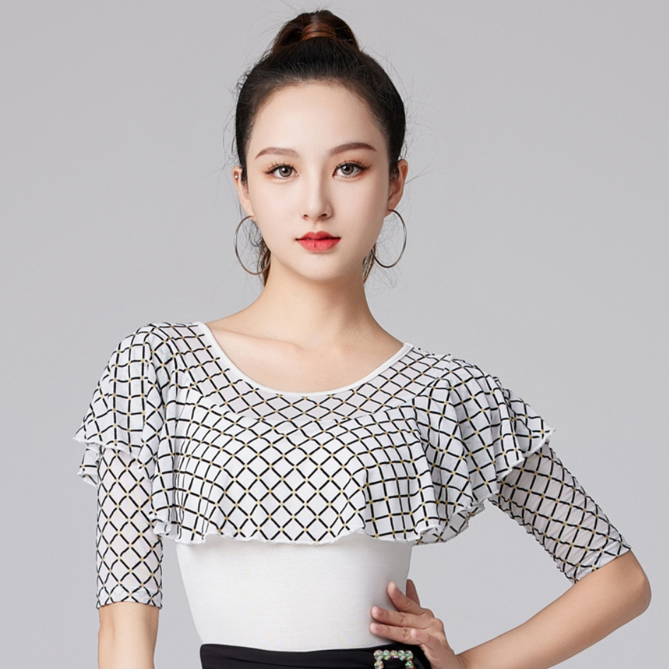 Áo Khiêu Vũ Latin Cổ Tròn Tay Lửng Phối Bèo Dễ Thương Cho Nữ