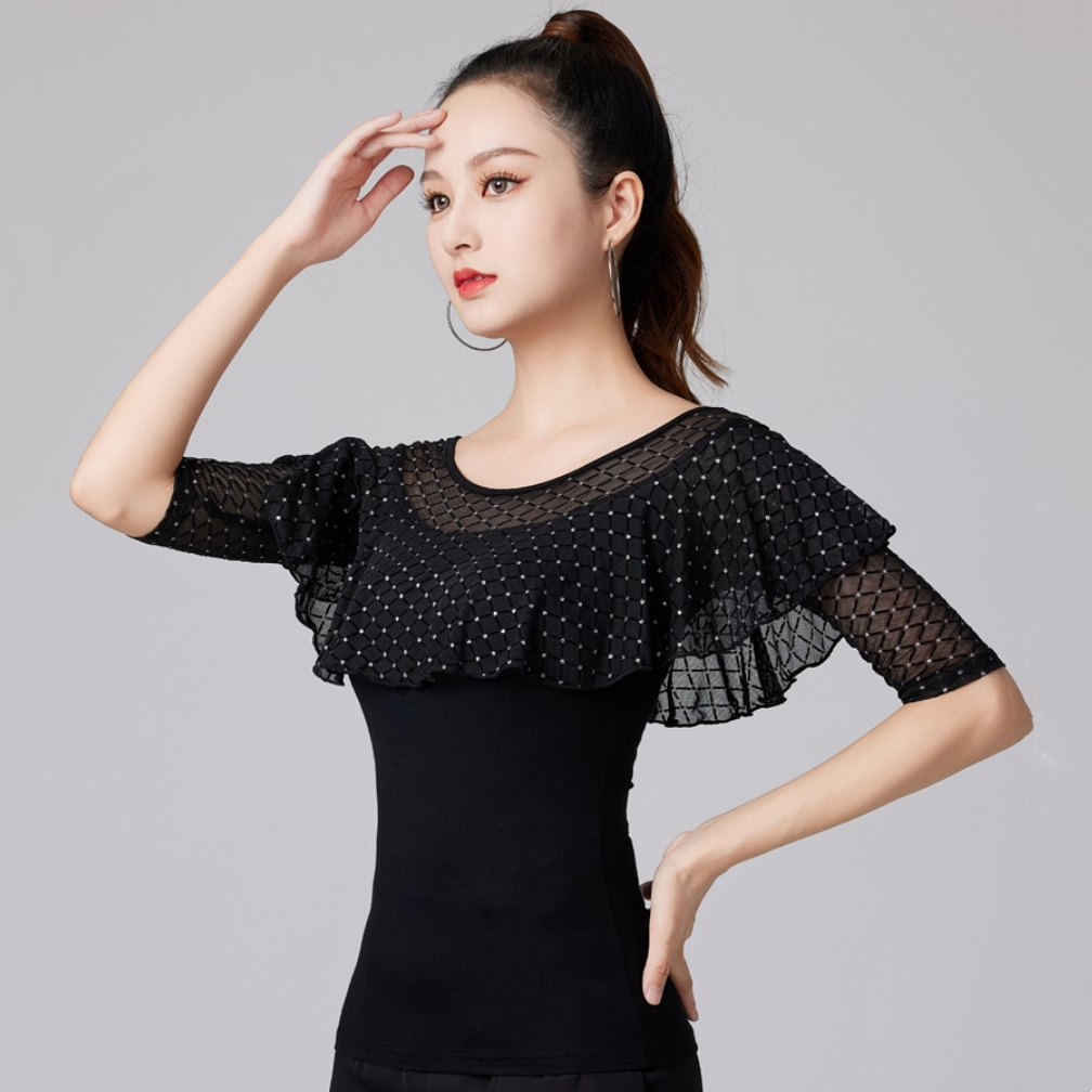 Áo Khiêu Vũ Latin Cổ Tròn Tay Lửng Phối Bèo Dễ Thương Cho Nữ