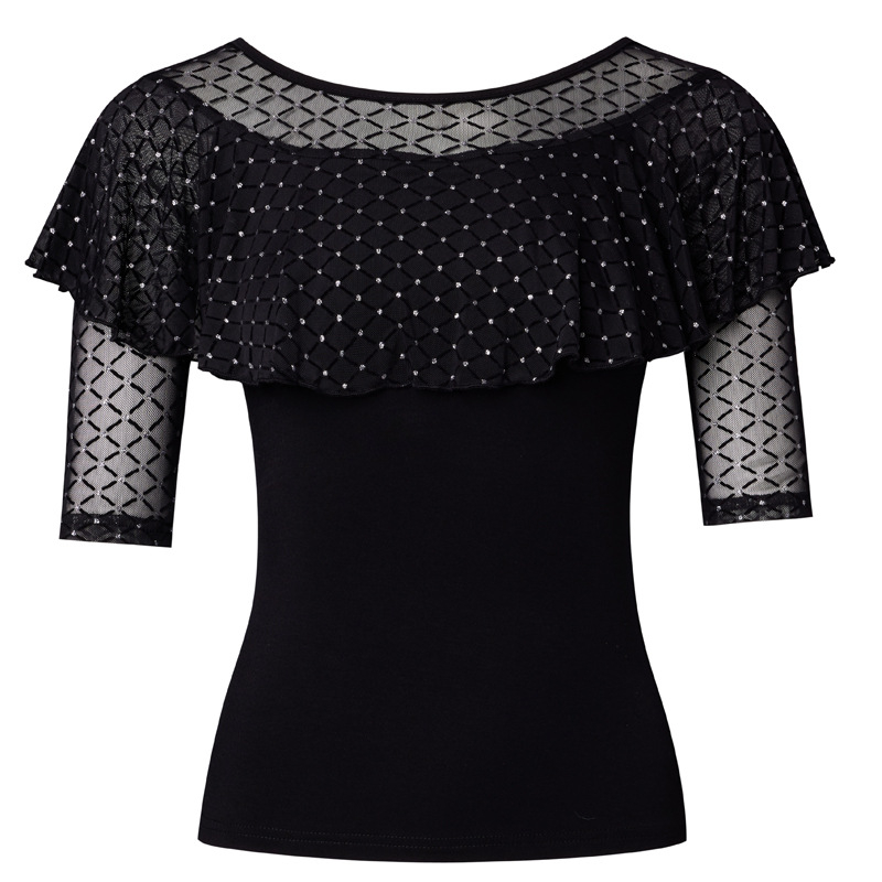 Áo Khiêu Vũ Latin Cổ Tròn Tay Lửng Phối Bèo Dễ Thương Cho Nữ