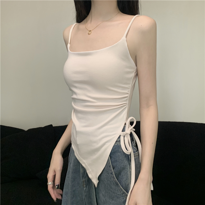 NUZIRO Thời trang hàn quốc đơn giản dây đeo tank top của phụ nữ thắt lưng ren lên chia ngắn