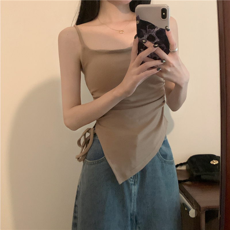 Áo tank top nữ NUZIRO dáng ngắn xẻ tà buộc dây đơn giản thời trang Hàn Quốc