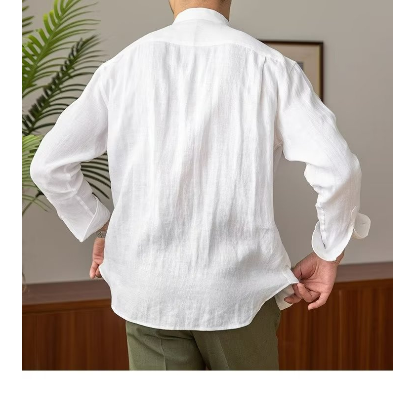 Áo sơ mi nam HANLU tay dài cổ đứng dáng rộng đơn giản vải linen chất lượng cao nhẹ nhàng thoáng khí phong cách Hawaii