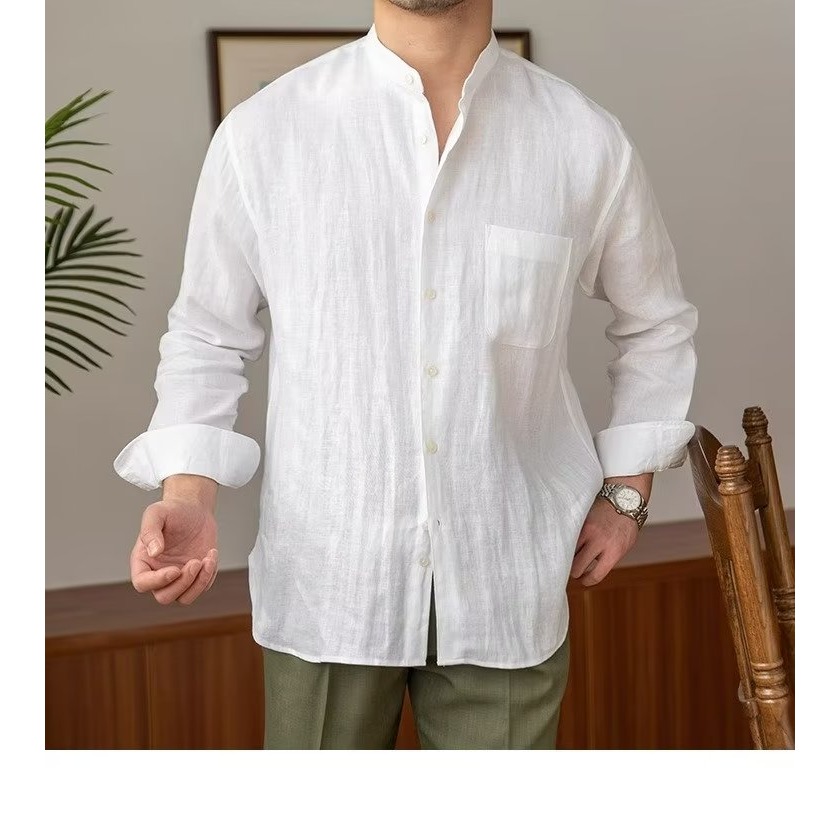 Áo sơ mi nam HANLU tay dài cổ đứng dáng rộng đơn giản vải linen chất lượng cao nhẹ nhàng thoáng khí phong cách Hawaii