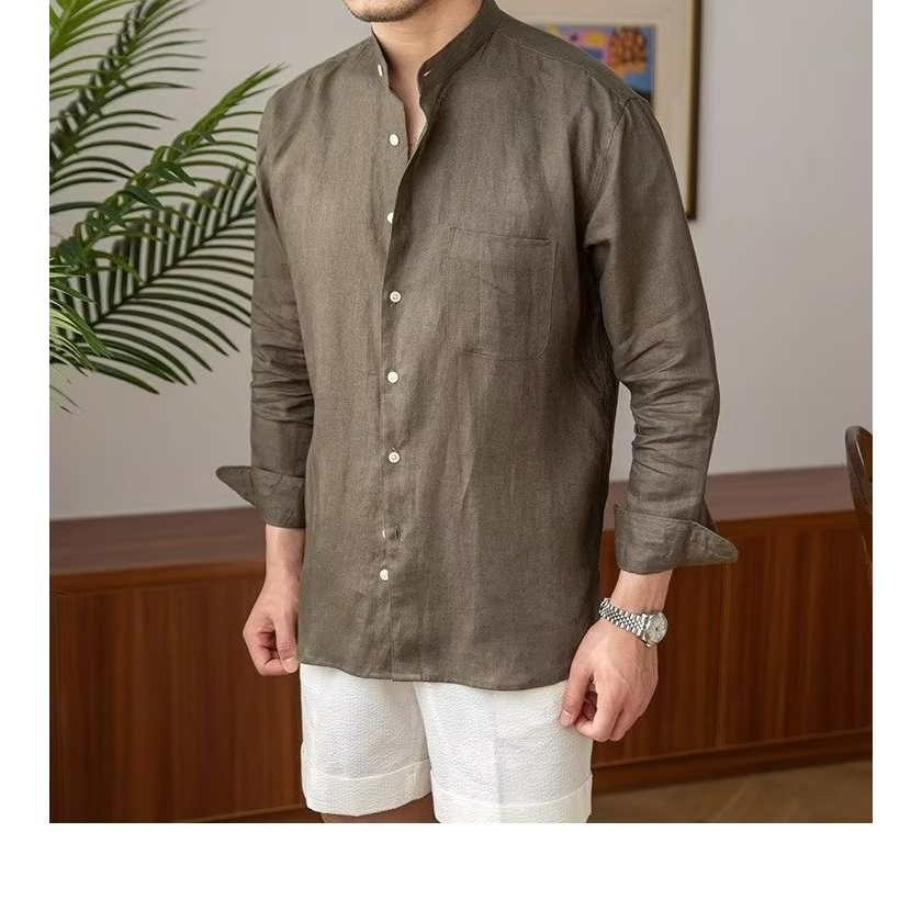 Áo sơ mi nam HANLU tay dài cổ đứng dáng rộng đơn giản vải linen chất lượng cao nhẹ nhàng thoáng khí phong cách Hawaii