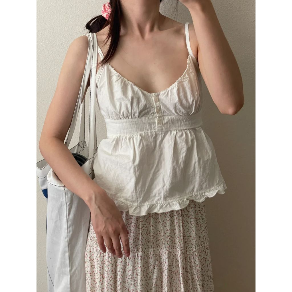 SF♫Women´s Summer Casual Camisole Solid Plaid Sleeveless Deep V Neck Ruffle Hem Sling Tank top