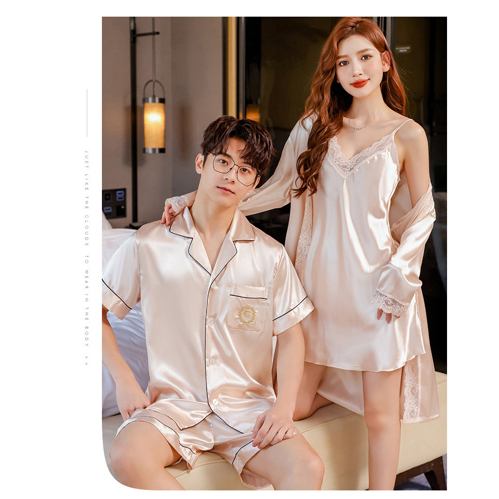 Cặp đôi mùa hè bộ đồ ngủ của phụ nữ băng mỏng sexy dây treo đồ ngủ bộ đồ ngủ nam ngắn tay quần áo ở nhà bộ hai-mảnh
