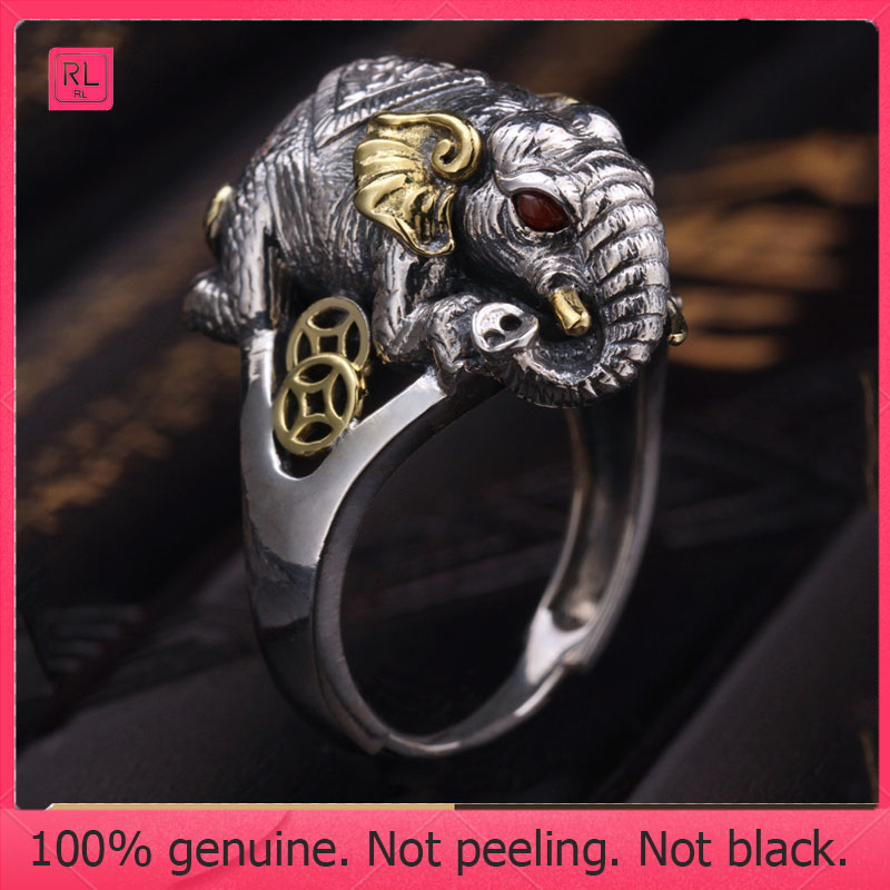 Rl-thật thực thái voi thân cây nhẫn thần sterling bạc mở có thể điều chỉnh xu hướng thời trang nhẫn voi tốt lành có thể được đeo bởi nam và nữ mang lại may mắn và sự giàu có