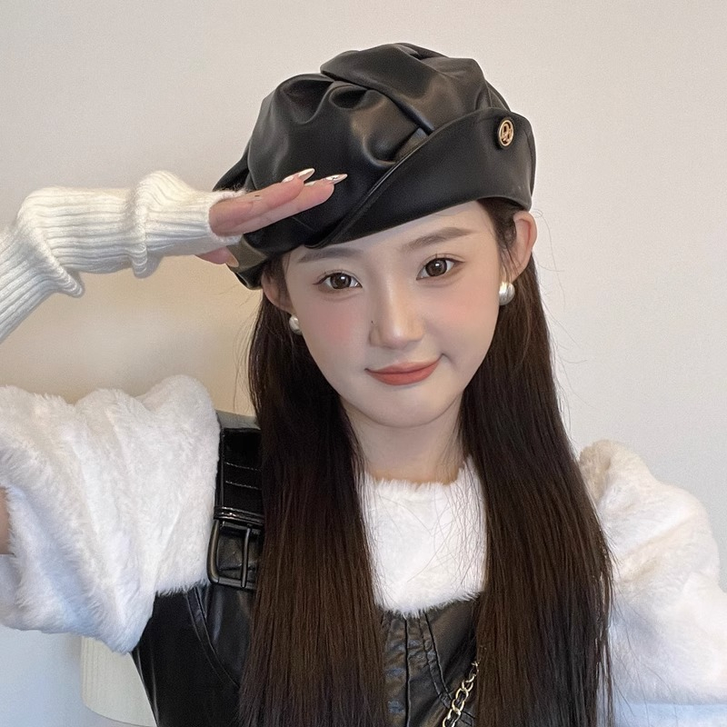 Mũ Beret Da pu Cao Cấp Thiết Kế Xếp Ly Phong Cách Retro Nhật Bản