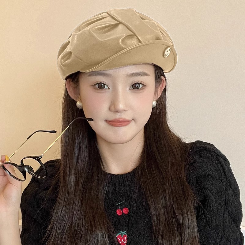 Mũ Beret Da pu Cao Cấp Thiết Kế Xếp Ly Phong Cách Retro Nhật Bản