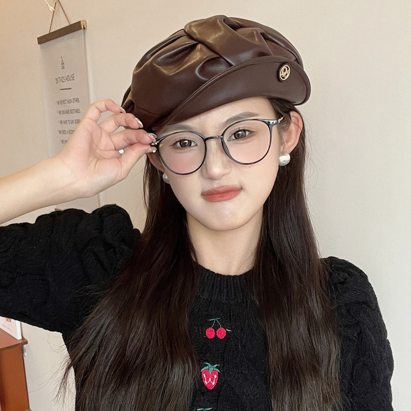 Mũ Beret Da pu Cao Cấp Thiết Kế Xếp Ly Phong Cách Retro Nhật Bản
