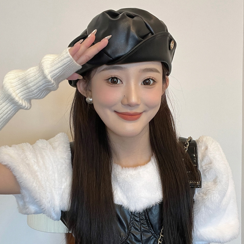 Mũ Beret Da pu Cao Cấp Thiết Kế Xếp Ly Phong Cách Retro Nhật Bản