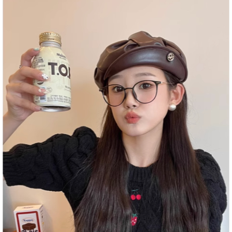 Mũ Beret Da pu Cao Cấp Thiết Kế Xếp Ly Phong Cách Retro Nhật Bản