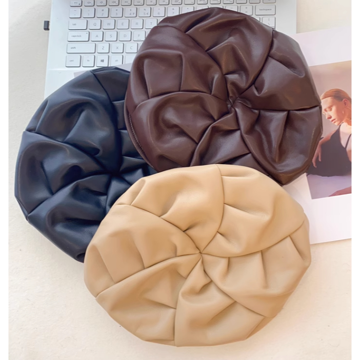 Mũ Beret Da pu Cao Cấp Thiết Kế Xếp Ly Phong Cách Retro Nhật Bản