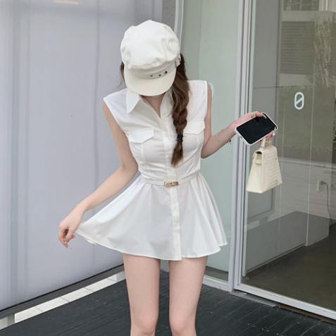 Đầm Sơ Mi Không Tay Dáng Chữ A Màu Trắng Phong Cách Hàn Quốc Thời Trang Cho Nữ