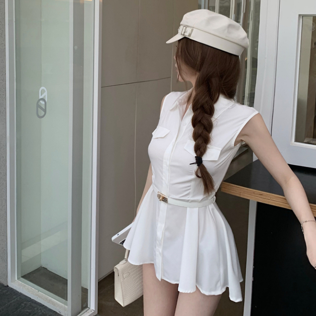 Đầm Sơ Mi Không Tay Dáng Chữ A Màu Trắng Phong Cách Hàn Quốc Thời Trang Cho Nữ