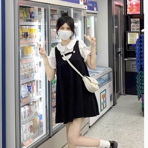 Váy yếm đầm babydoll Set Áo Sơ Mi Cổ Búp Bê,váy phong cách hàn quốc,chân váy dài mùa hè