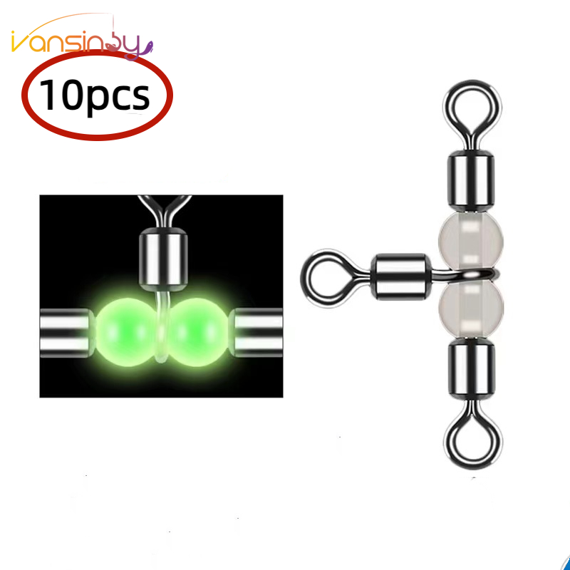 10 cái câu cá con lăn xoay đầu nối dây câu cá phát sáng đầu nối móc ba con lăn xoay với hạt phát sáng