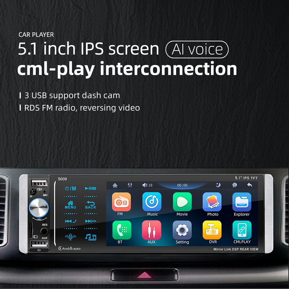 5009 car mp5 player 5.1 inch ips màn hình cảm ứng điện dung hỗ trợ carplay có dây android điều khiển bằng giọng nói tự động