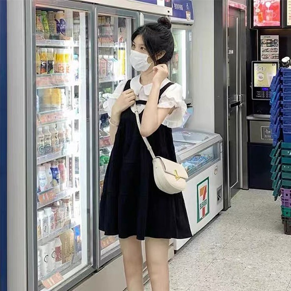 Váy yếm đầm babydoll Set Áo Sơ Mi Cổ Búp Bê,váy phong cách hàn quốc,chân váy dài mùa hè