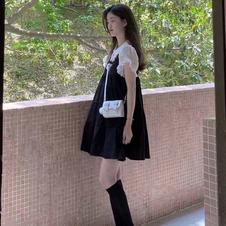 Váy yếm đầm babydoll Set Áo Sơ Mi Cổ Búp Bê,váy phong cách hàn quốc,chân váy dài mùa hè