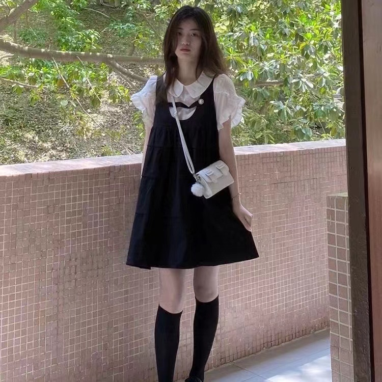 Váy yếm đầm babydoll Set Áo Sơ Mi Cổ Búp Bê,váy phong cách hàn quốc,chân váy dài mùa hè