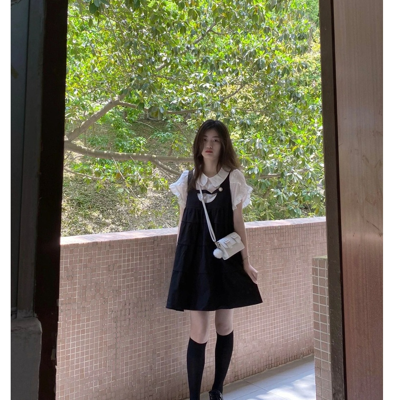 Váy yếm đầm babydoll Set Áo Sơ Mi Cổ Búp Bê,váy phong cách hàn quốc,chân váy dài mùa hè