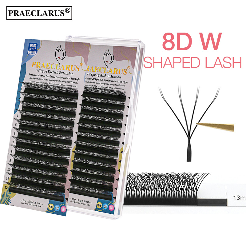 Praeclarus 8d w loại mở rộng lông mi độ dày 0,07mm vật liệu cao cấp pbt sợi dệt tay tự nhiên mềm mại w hình dạng lông mi giả lông chồn đôi mẹo 4d ww mở rộng lông mi làm cho