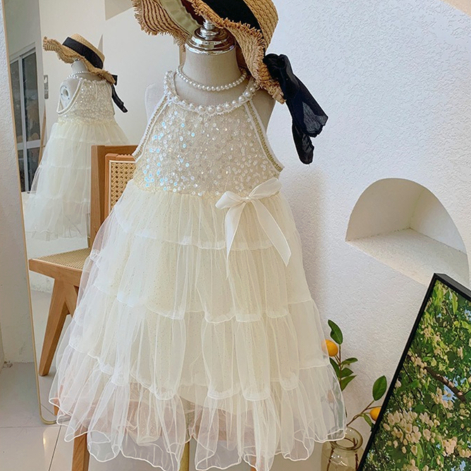 Cô gái váy công chúa mùa hè thời trang sequins lưới áo sling váy