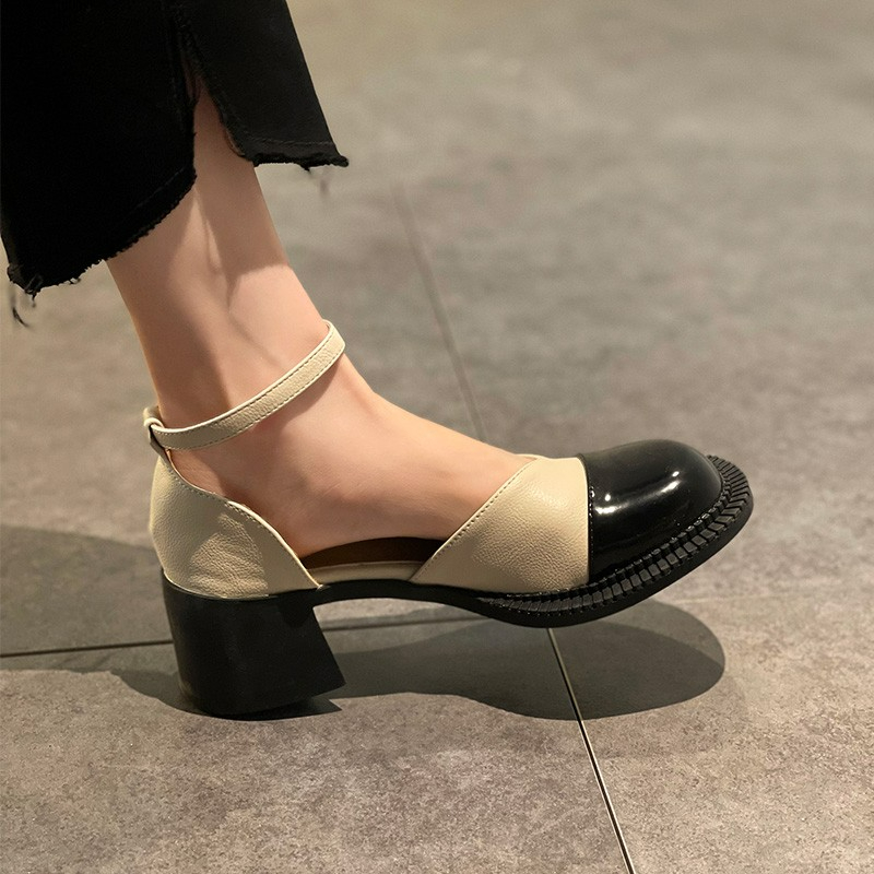 Giày sandal da mỏng cao gót thời trang Pháp mùa hè cho phái nữ