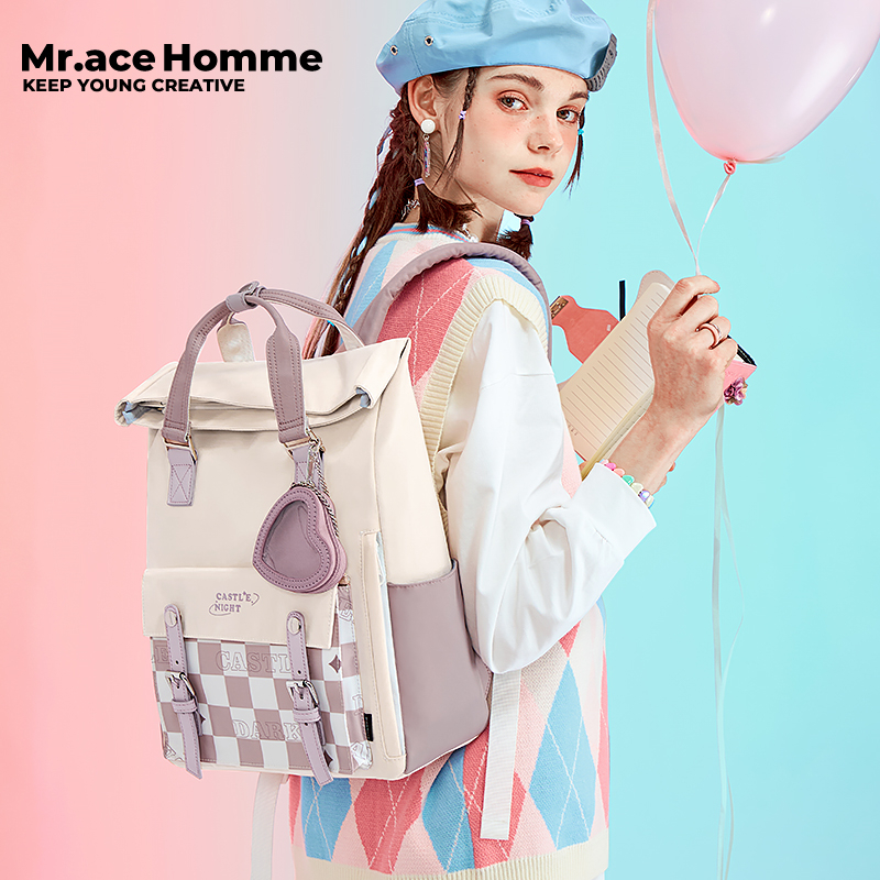 Mr. ace Homme Schoolbag Balo Đi Học Du Lịch Đựng Máy Tính Họa Tiết Kẻ Ô Mặt Trăng Ngôi Sao Cho Nam Và Nữ Sinh Đại Học