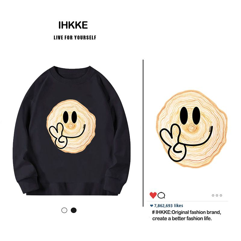 ihkke 100% cotton thời trang khuôn mặt tươi cười tán bông in hình dài tay đường phố giản dị rộng lớn oversize couple top hoodie