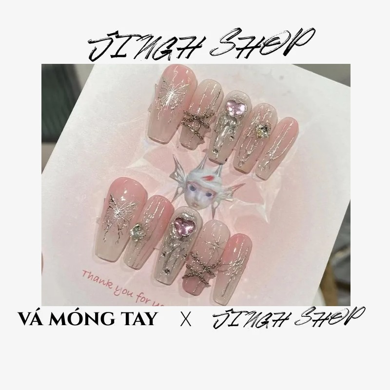 Làm móng tay thủ công vẽ tay bướm mạ vàng kim cương vỡ thiết kế ba chiều babes handmade miếng dán móng tay giả