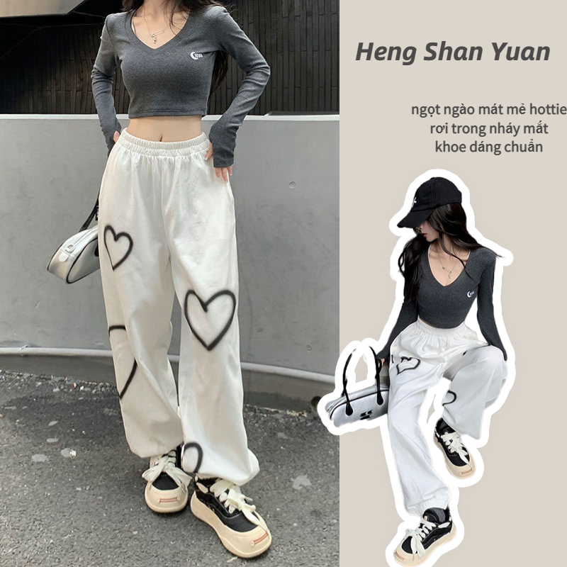 Quần dài HENG SHAN YUAN Y2K dáng rộng họa tiết trái tim phong cách hip hop Mỹ thời trang thể thao cho nữ
