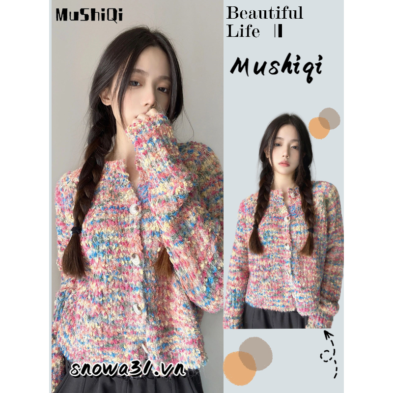 Áo khoác len MUSHIQI dệt kim cổ tròn mềm mại màu hỗn hợp cầu vồng/ trắng nhỏ thơm cho nữ