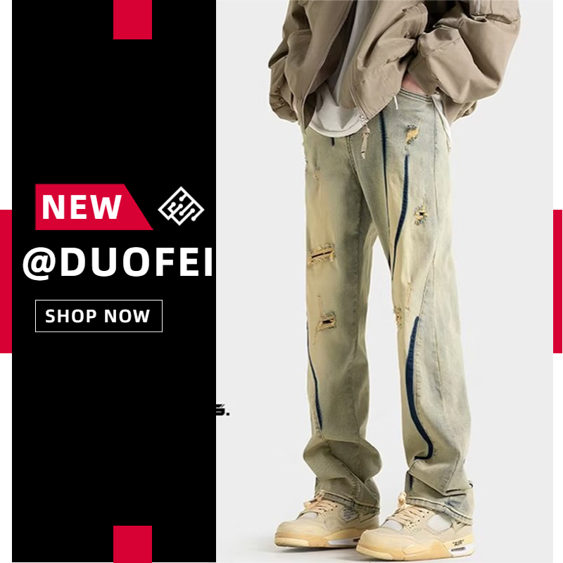 【S-3XL】2023 Quần jeans dài ống rộng thời trang dành cho nam hot chất jean co giãn chuẩn giá tốt ống phong cách đường phố xanh phối rách nhẹ Quần Jean Dài Dáng Suông Rộng Có Khóa Kéo Cho Nam