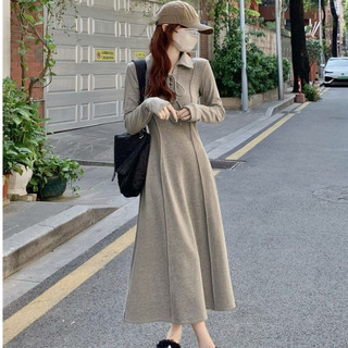 Váy dệt kim dày eo cao cấp dành cho nữ mùa xuân thu váy dài vừa phải kiểu dáng lười biếng