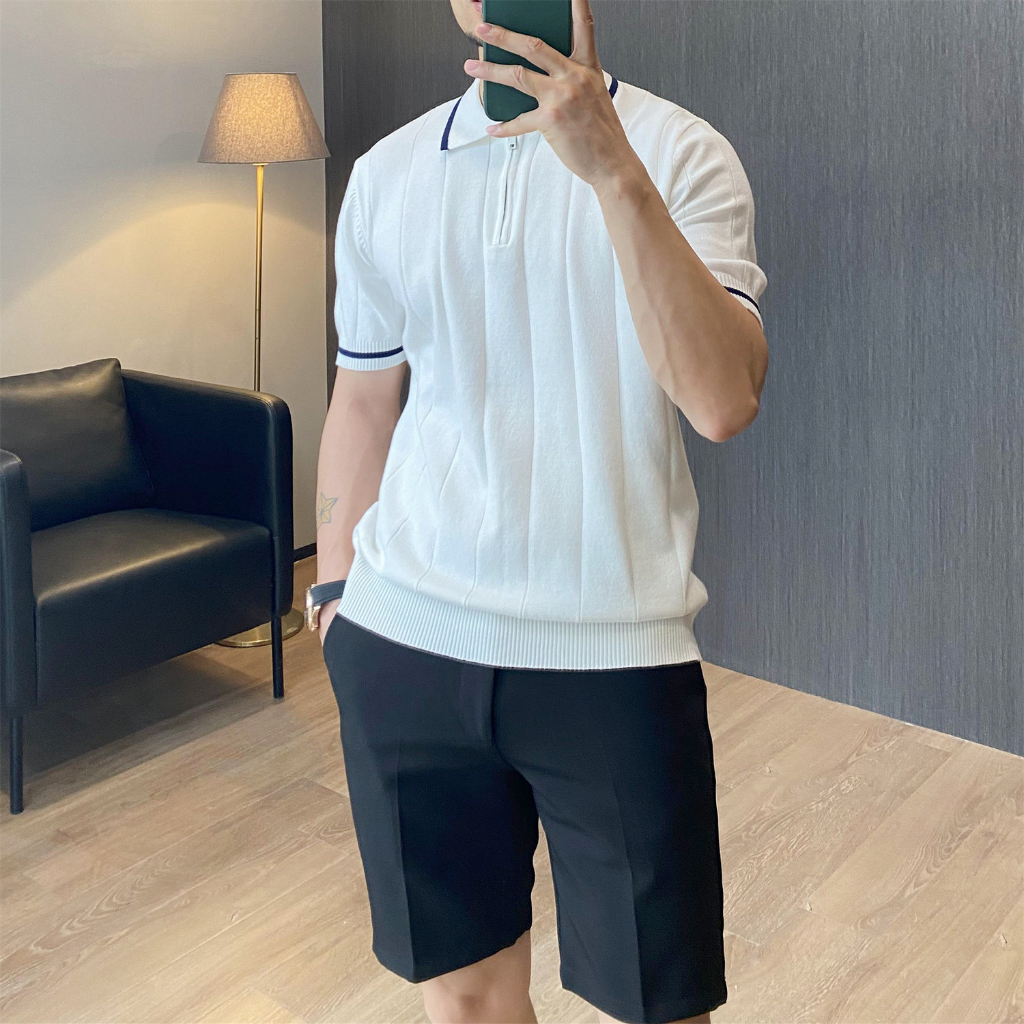 Áo Thun polo Dệt Kim Mỏng Màu Sắc Đơn Giản Phong Cách Anh Quốc Thời Trang Cho Nam