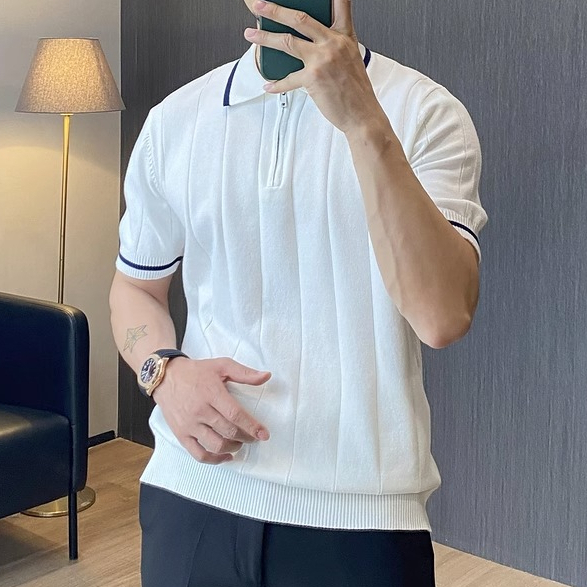 Áo Thun polo Dệt Kim Mỏng Màu Sắc Đơn Giản Phong Cách Anh Quốc Thời Trang Cho Nam
