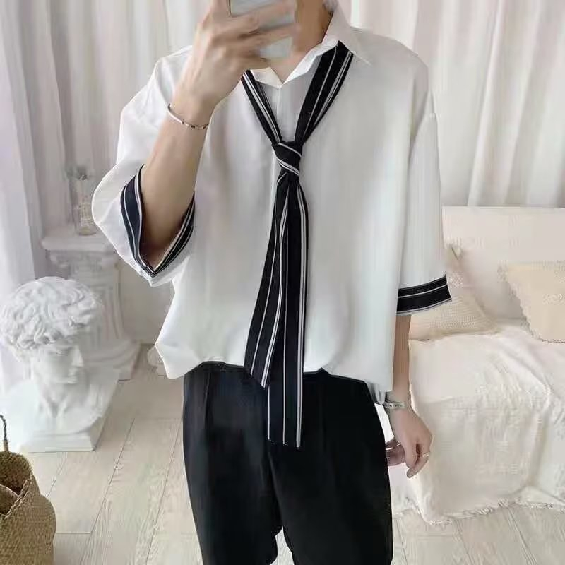 Short-tay áo sơ mi nam xu hướng nhật bản đơn giản hợp thời trang thanh niên phổ biến lười hoang dã màu rắn năm-điểm tay áo tiêu chuẩn mùa hè mới