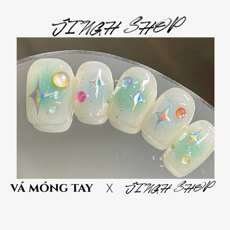 Làm móng handmade muối biển xanh bạc hà làm móng phần ngắn phù hợp cho mùa hè graffiti ngôi sao hot girl mảnh móng tay có thể tháo rời