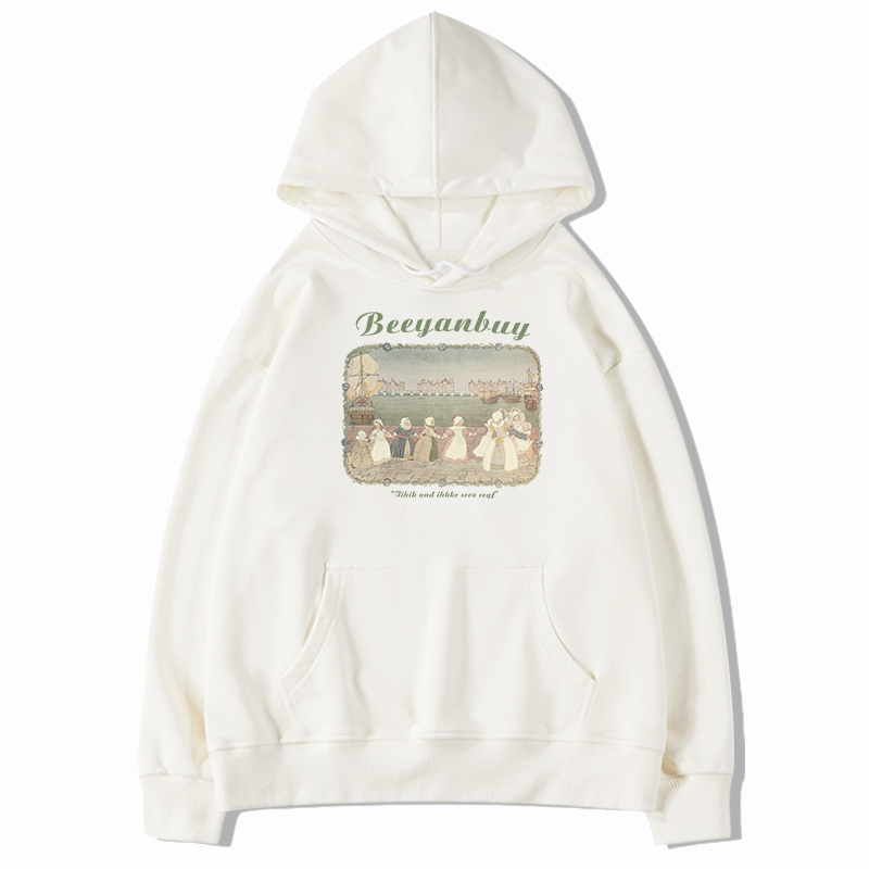 Áo hoodie oversized Nữ Màu Trắng In Chữ beeyanbuy Phong Cách Hàn Quốc