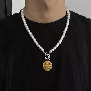 Vòng cổ mặt hình mặt cười đính ngọc trai phong cách hip-hop cho nam và nữ