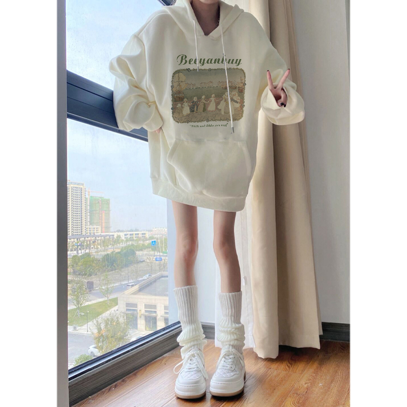 Áo hoodie oversized Nữ Màu Trắng In Chữ beeyanbuy Phong Cách Hàn Quốc