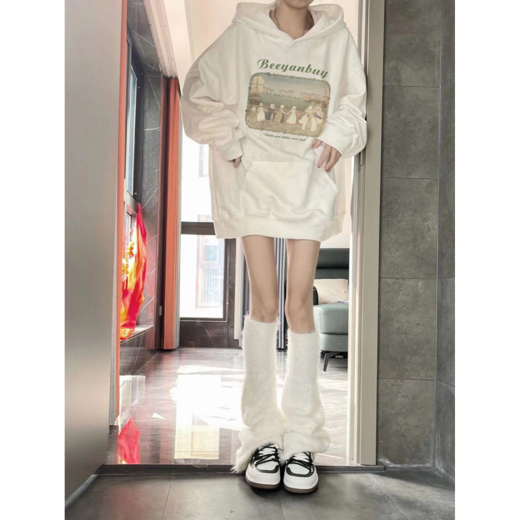 Áo hoodie oversized Nữ Màu Trắng In Chữ beeyanbuy Phong Cách Hàn Quốc
