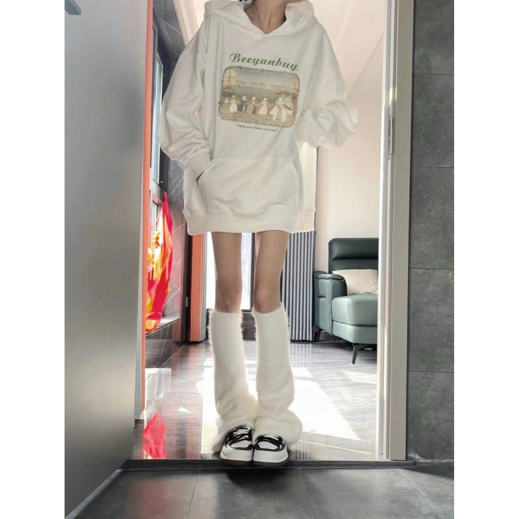 Áo hoodie oversized Nữ Màu Trắng In Chữ beeyanbuy Phong Cách Hàn Quốc
