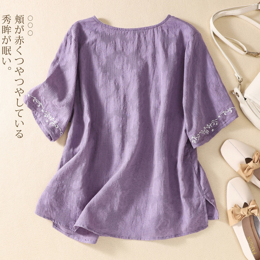 Còng thêu bằng vải cotton và vải lanh jacquard, viền, placket nghiêng, khóa cổ v-