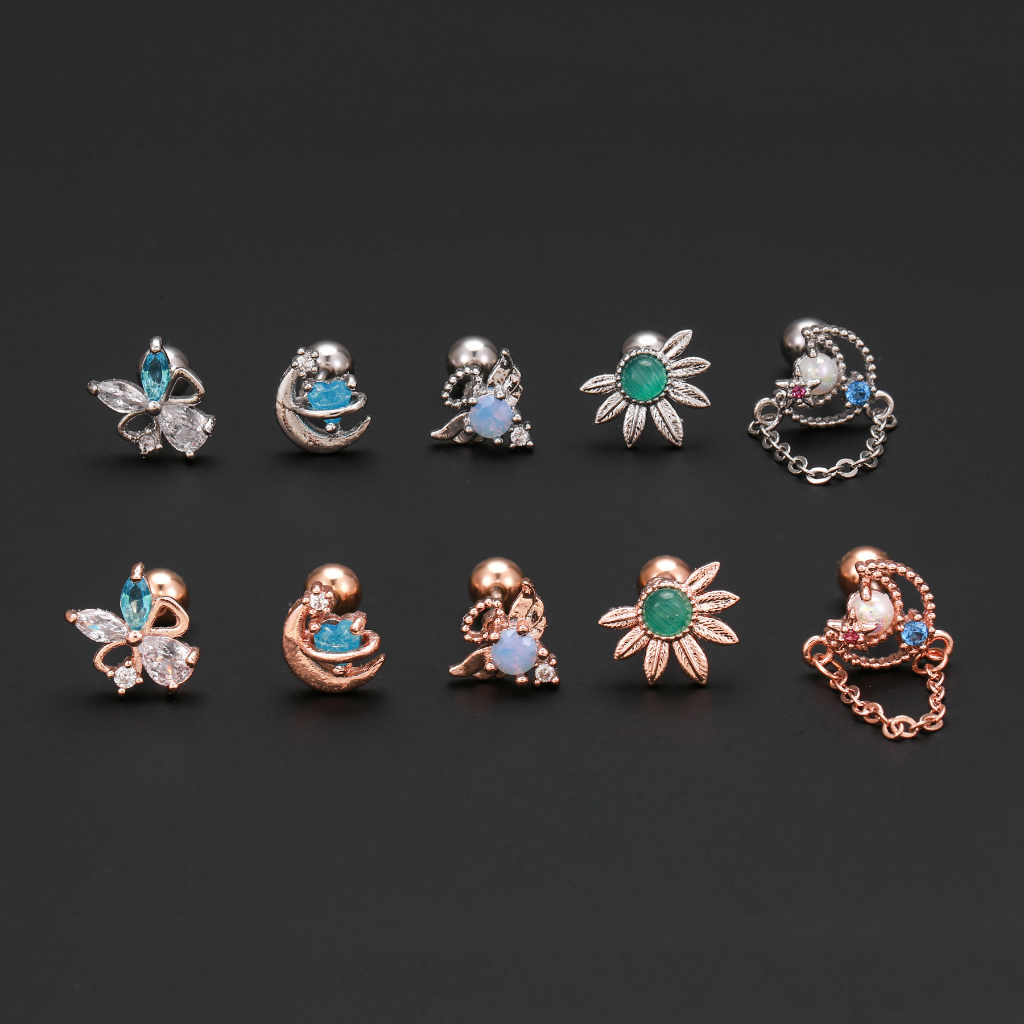 1 cái g23 bông tai thép titan màu xanh pha lê bông tai hoa mặt trăng trái tim bông tai trang sức