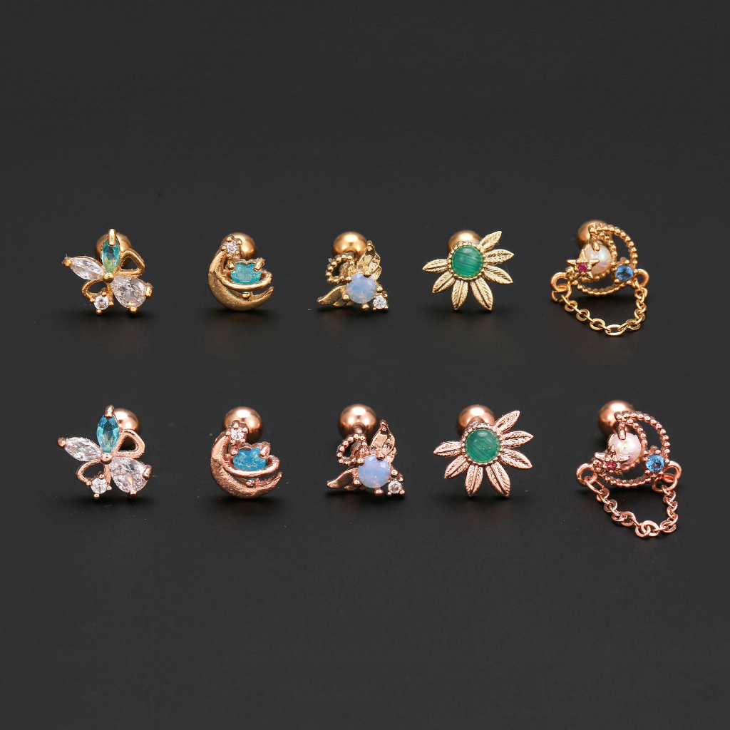 1 cái g23 bông tai thép titan màu xanh pha lê bông tai hoa mặt trăng trái tim bông tai trang sức