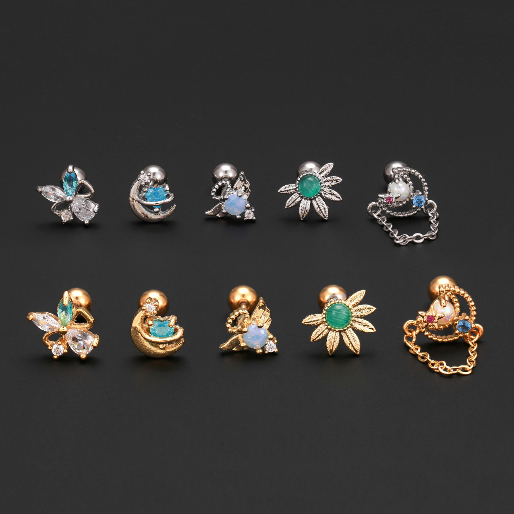 1 cái g23 bông tai thép titan màu xanh pha lê bông tai hoa mặt trăng trái tim bông tai trang sức