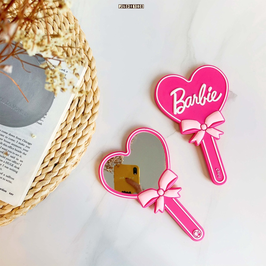 Barbie gương cầm tay dòng barbie dễ thương màu hồng hình trái tim gương cầm tay phim hoạt hình nhập vai thư gương trang điểm cầm tay